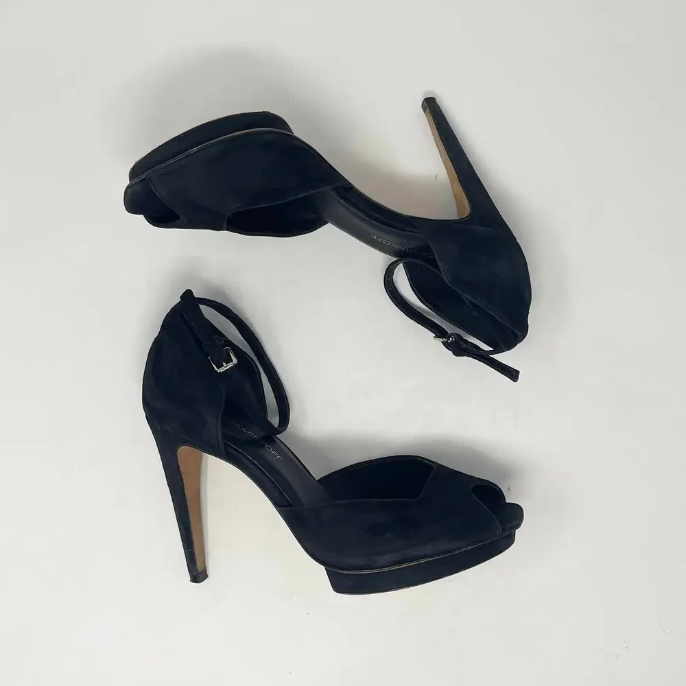 Rebecca Minkoff Ivy Peep Toe Pump Womens 8M Black Suede Ankle Strap Dressy Party
